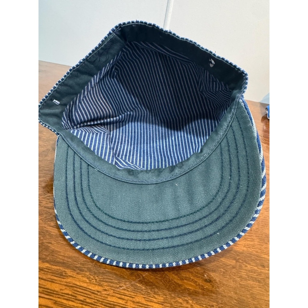 VTG Key Hat Cap Fitted Mens One Size Blue Stripe Denim Army Workwear Railroad - Picture 3 of 4